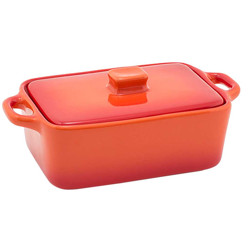 Front of the House DBO135ORC23 Kiln 10 oz. Blood Orange Rectangle Stoneware Ovenware Dish with Lid - 12/Case