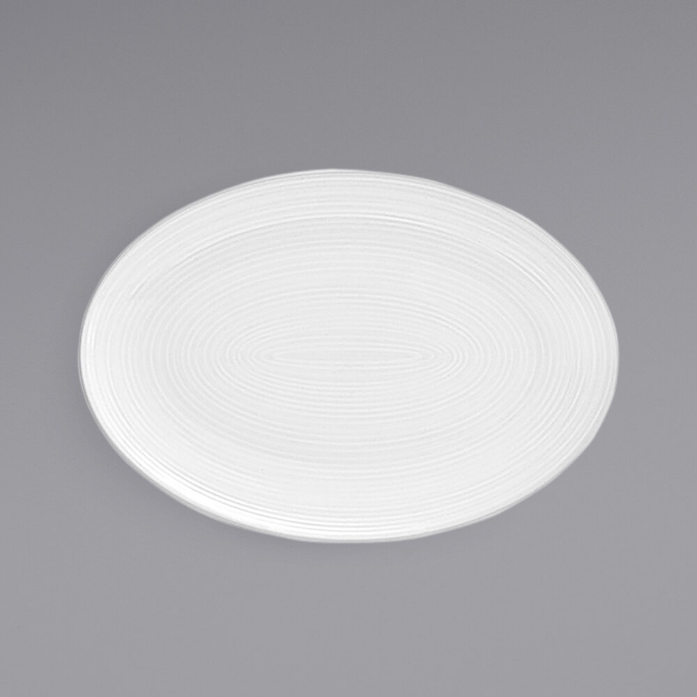 Front of the House DSP023WHP22 Spiral 9 1/2" x 6 3/4" White Porcelain Oval Coupe Plate - 6/Case