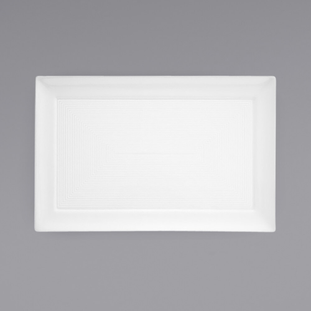 Front of the House DOS014WHP22 Spiral 14" x 9" White Rectangular Porcelain Plate - 6/Case