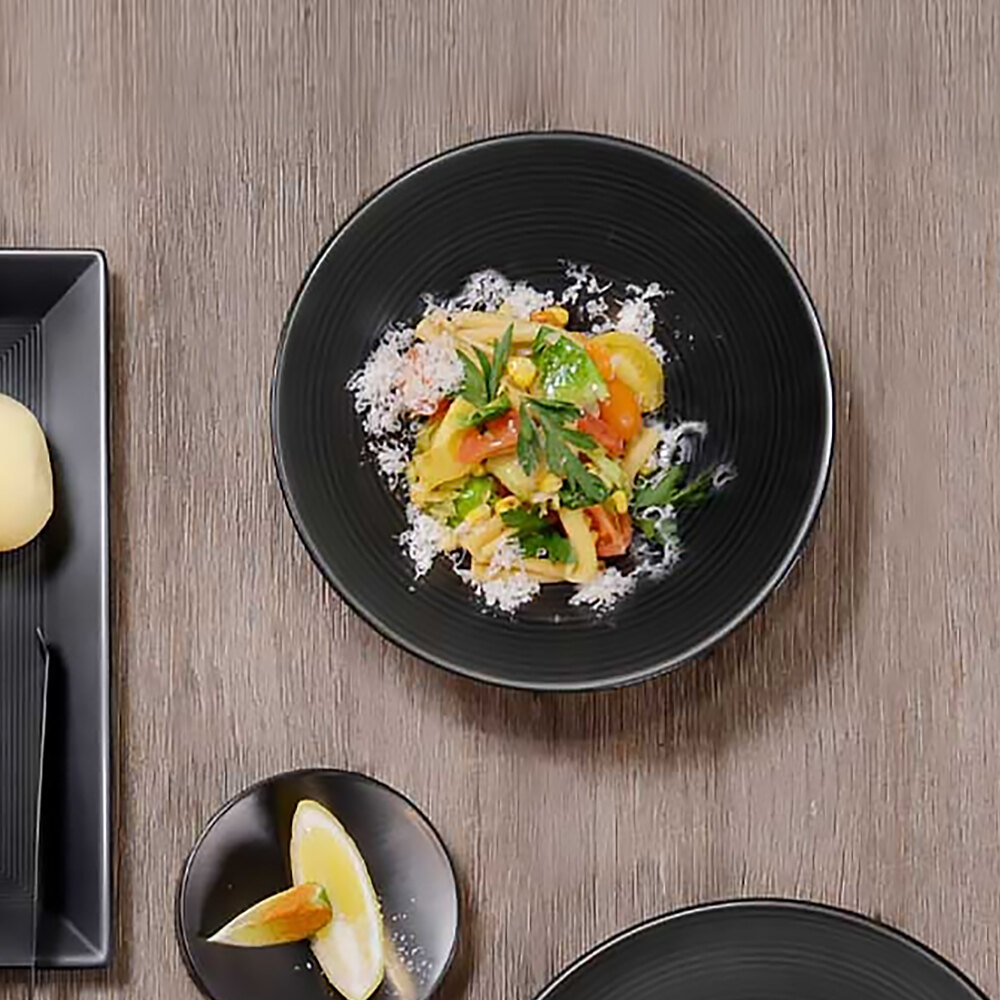 Front of the House DBO028BKP23 Spiral Ink 16 oz. Semi-Matte Black Round Porcelain Wide Bowl - 12/Case