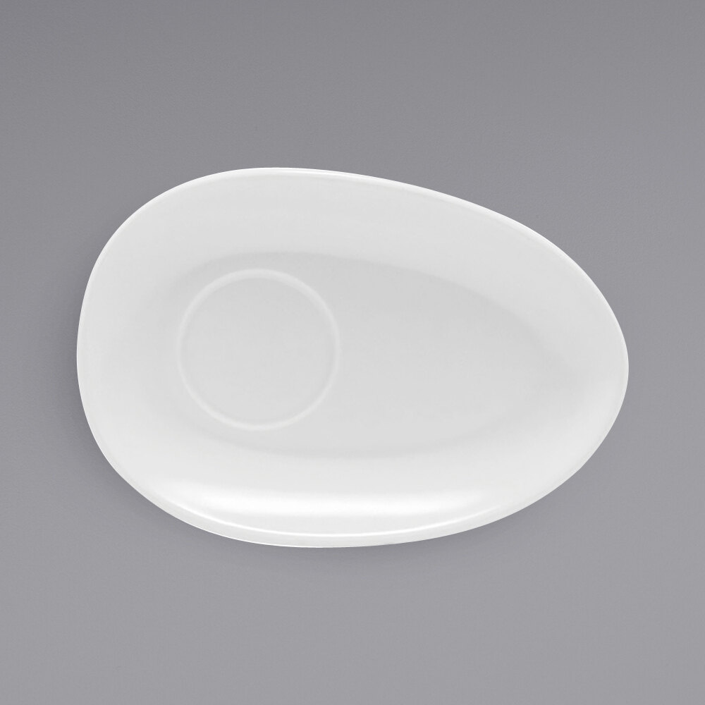 Front of the House DCS055WHP23 Tides 7" x 4 3/4" Semi-Matte White Oval Porcelain Saucer - 12/Case