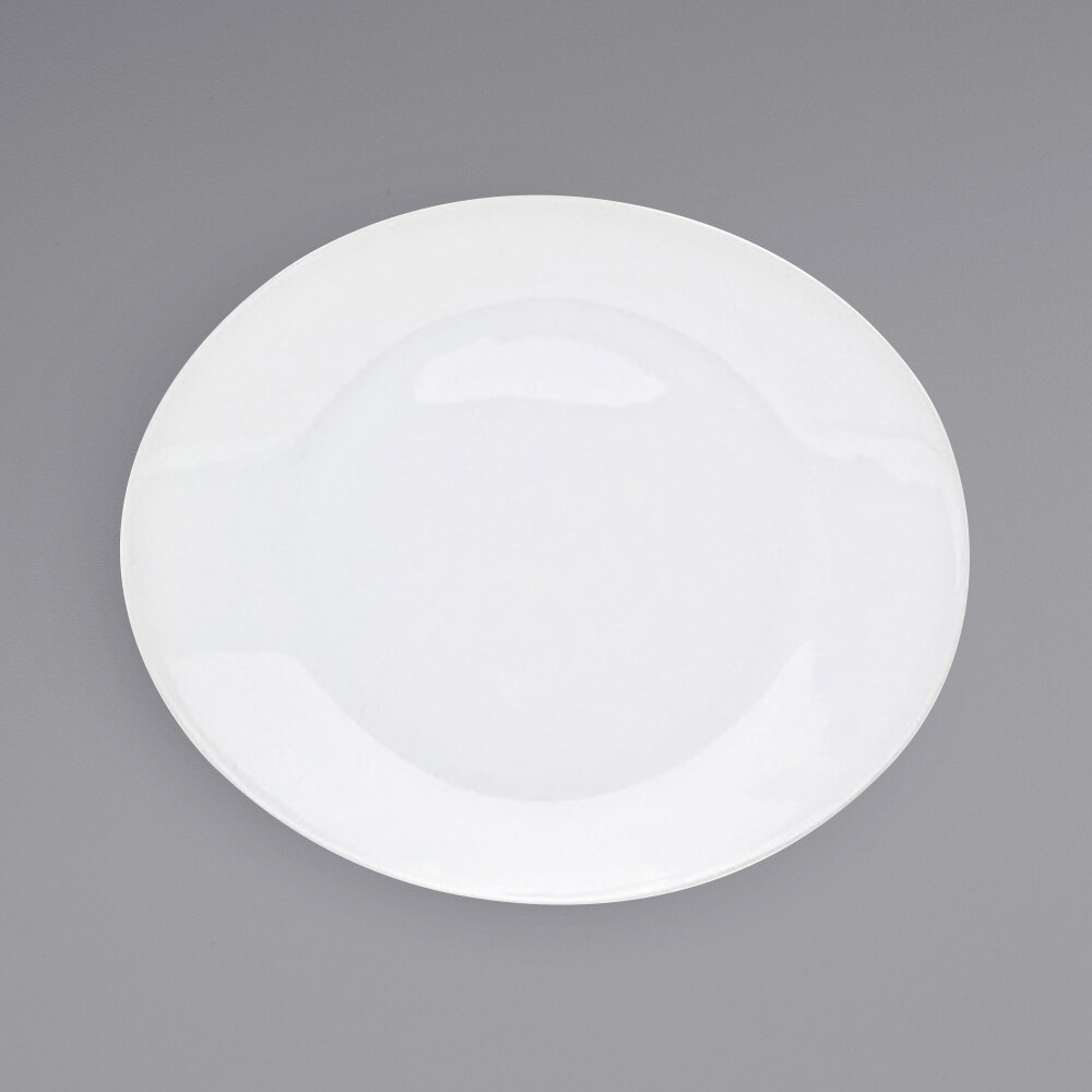 Front of the House DSP015WHP13 Ellipse 9" x 7 1/2" White Oval Porcelain Coupe Plate - 12/Case