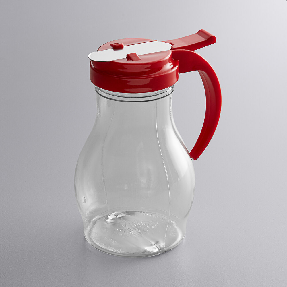 Vollrath 1414-02 Dripcut® 16 oz. Clear Polycarbonate Teardrop Syrup Server with Red Top