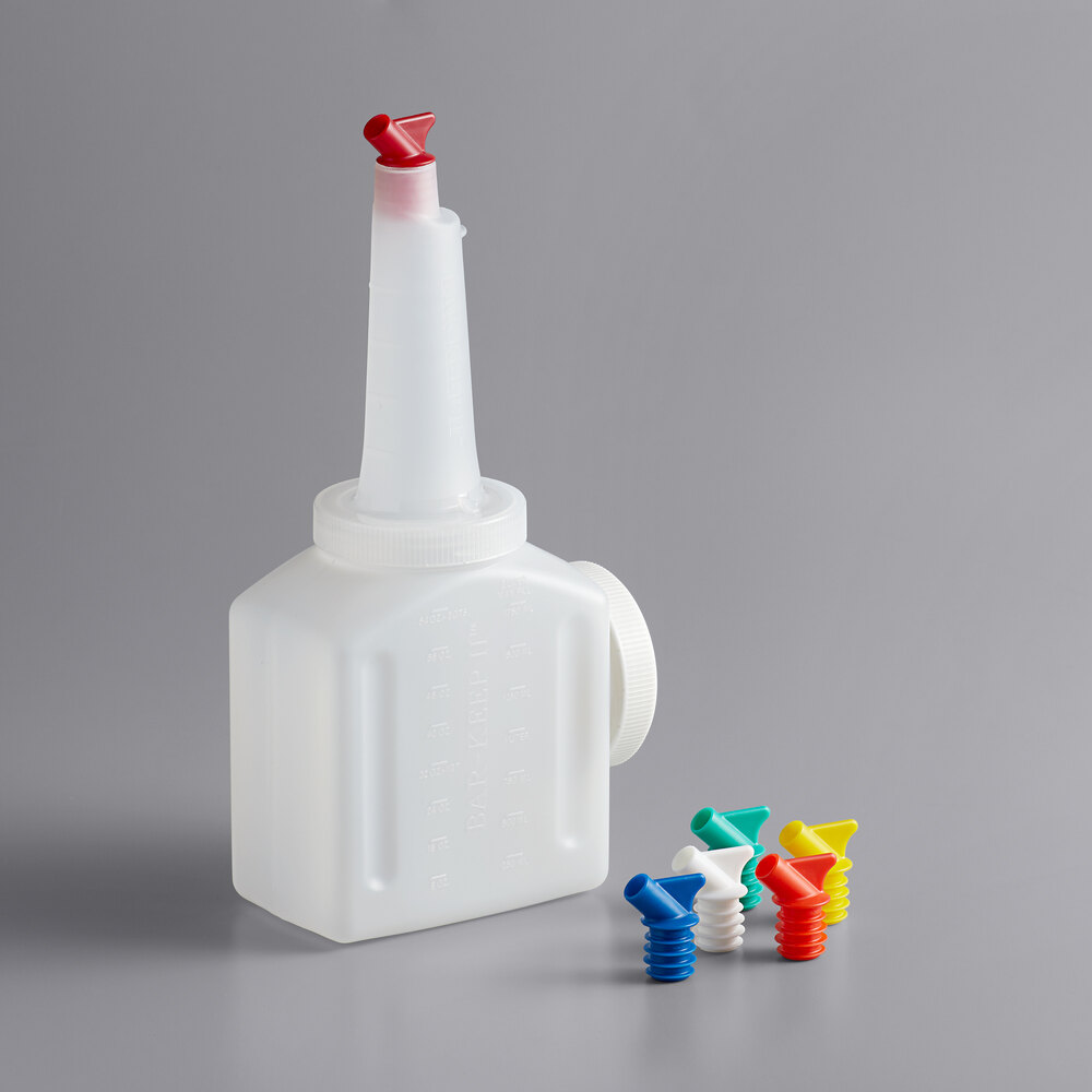 Vollrath 3664 Traex® Bar Keep II 2 Qt. White Pour Container with Neck, Lid, and Assorted Color Spouts