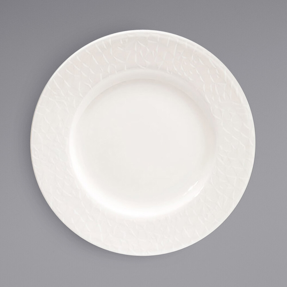 Front of the House DSP042BEP22 Catalyst Facet 8" European White Embossed Wide Rim Round Porcelain Plate - 6/Case