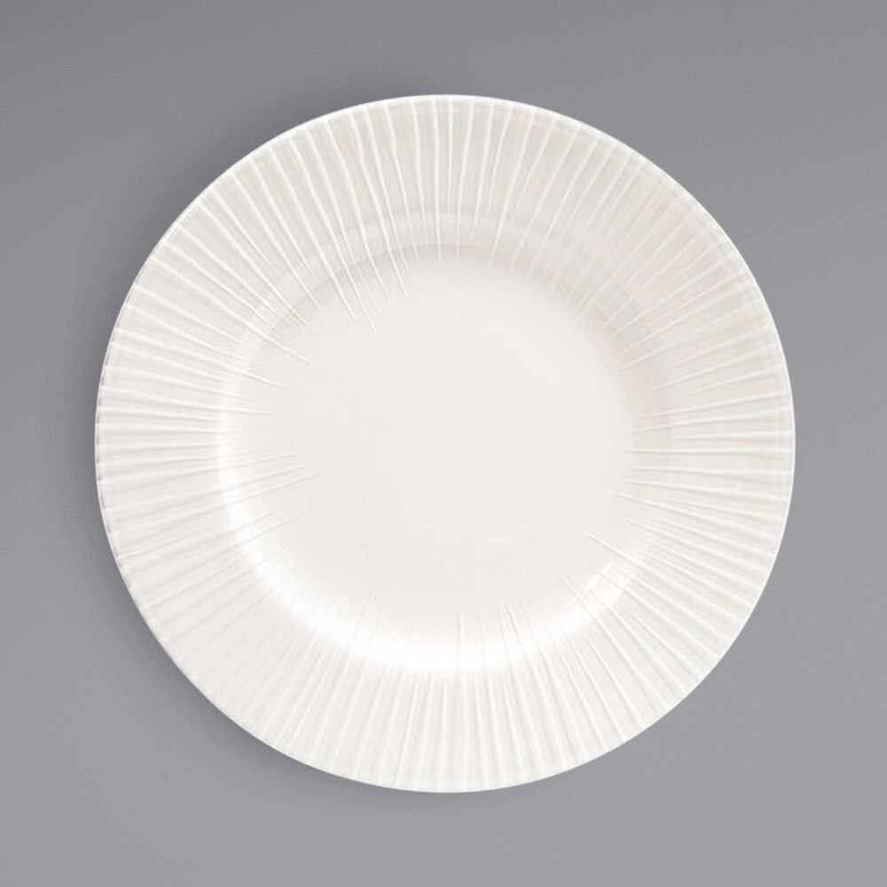 Front of the House DSP043BEP22 Catalyst Focus 8" European White Embossed Wide Rim Round Porcelain Plate - 6/Case