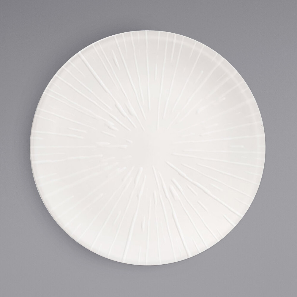 Front of the House DDP093BEP22 Catalyst Spoke 9 1/2" European White Embossed Coupe Round Porcelain Plate - 6/Case