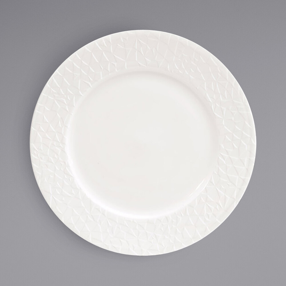 Front of the House DDP086BEP22 Catalyst Facet 9 1/2" European White Embossed Wide Rim Round Porcelain Plate - 6/Case