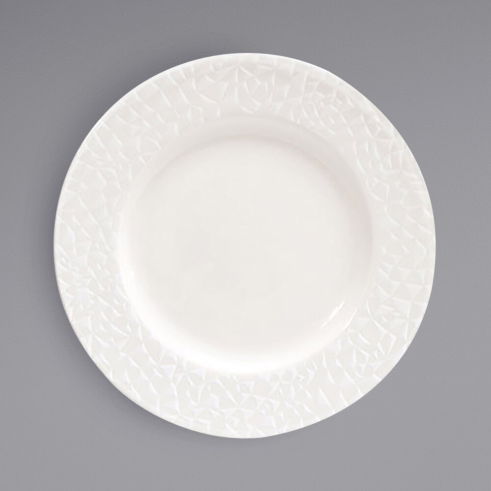 Front of the House DAP087BEP22 Catalyst Facet 6 1/4" European White Embossed Wide Rim Round Porcelain Plate - 6/Case