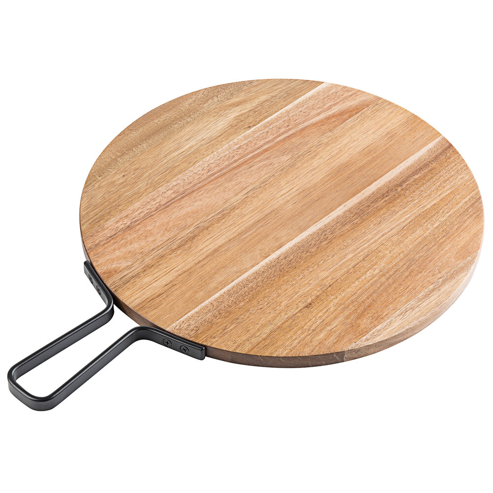 Tablecraft 10081 Industrial 14" Round Acacia Wood Serving Board with Handle
