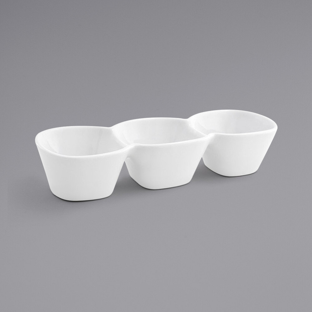Front of the House BBO008WHP22 Mod 12 oz. Bright White 3-Compartment Porcelain Bowl - 6/Case