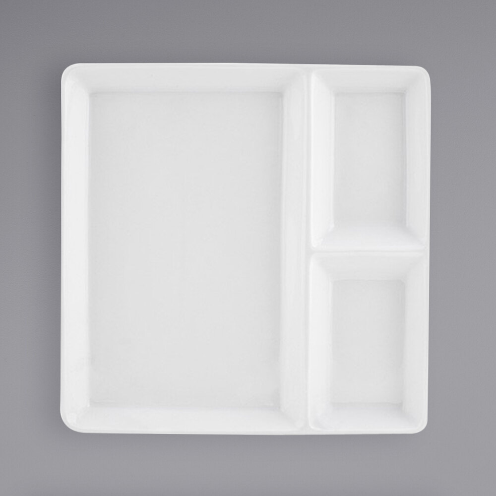 Front of the House DAP075WHP23 Mod 7 1/2" Bright White 3-Compartment Square Porcelain Plate - 12/Case