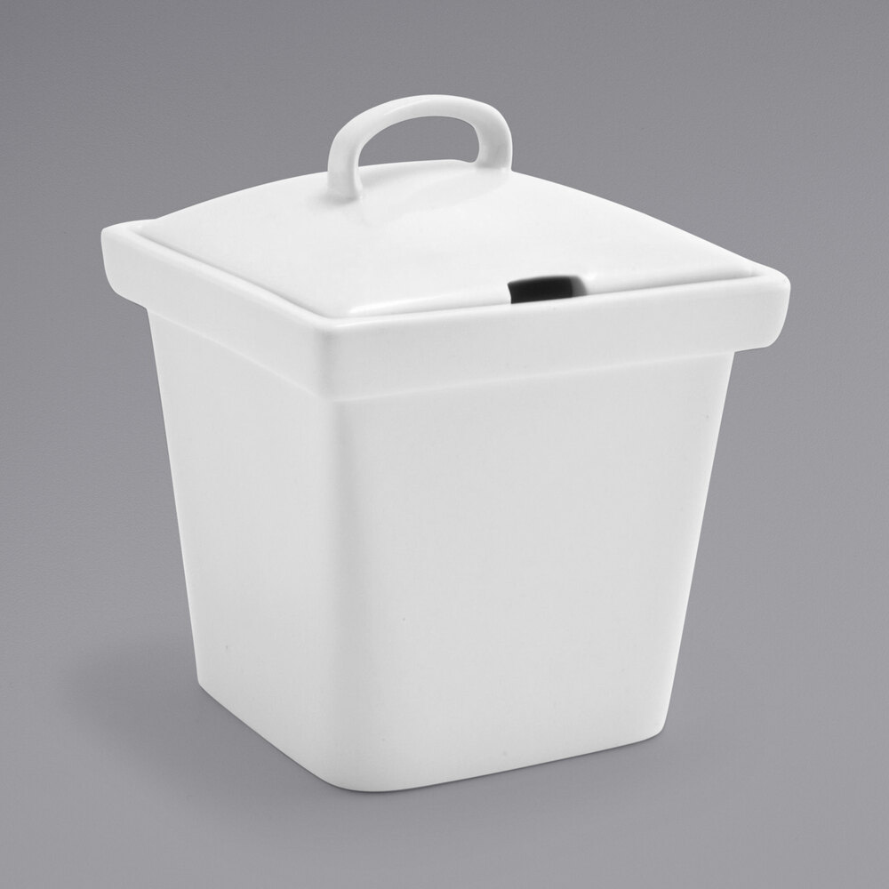 Front of the House DBO086WHP22 Mod 15 oz. Bright White Square Porcelain Pot with Notched Lid - 6/Case