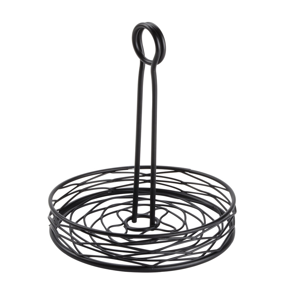 American Metalcraft RBNB17 Black Round Birdnest Condiment Caddy with Card Holder - 7 3/4" x 9 1/8"