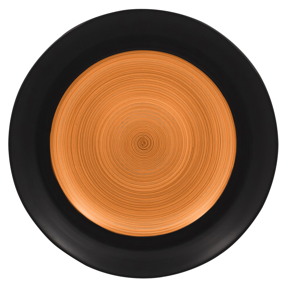 RAK Porcelain TRCLFP31BC Trinidad 12 3/16" Cedar and Black Wide Rim Flat Porcelain Plate - 6/Case