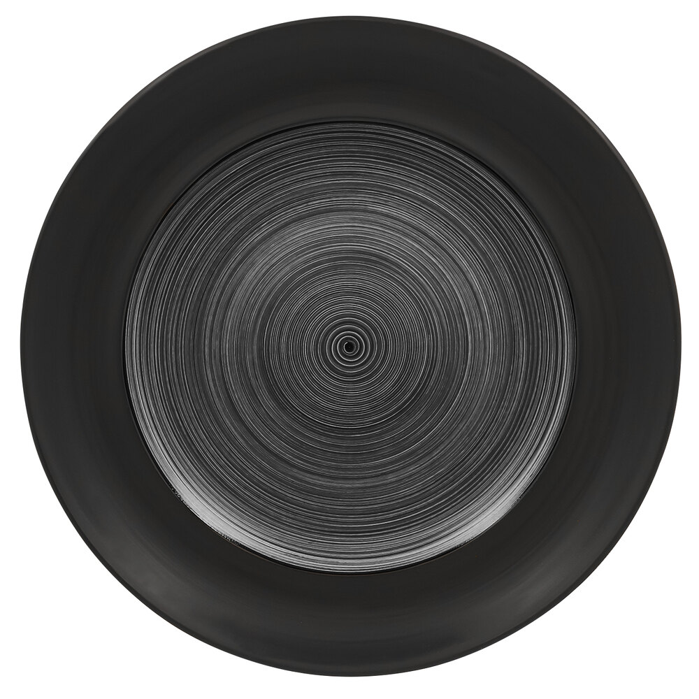 RAK Porcelain TRCLFP17BG Trinidad 6 11/16" Grey and Black Wide Rim Flat Porcelain Plate - 24/Case