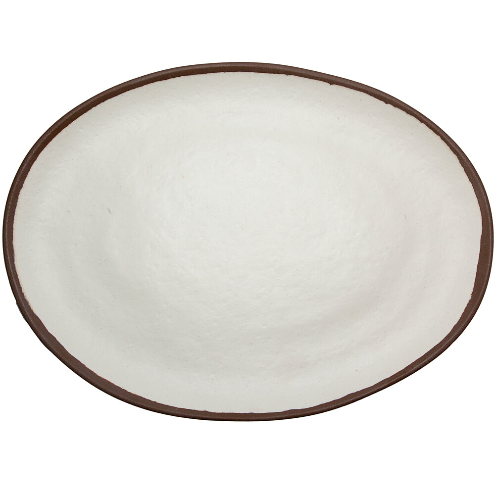 GET P-151-CRM Pottery Market 15" x 11" Glazed Oval Cream Melamine Coupe Platter with Brown Trim - 6/Case