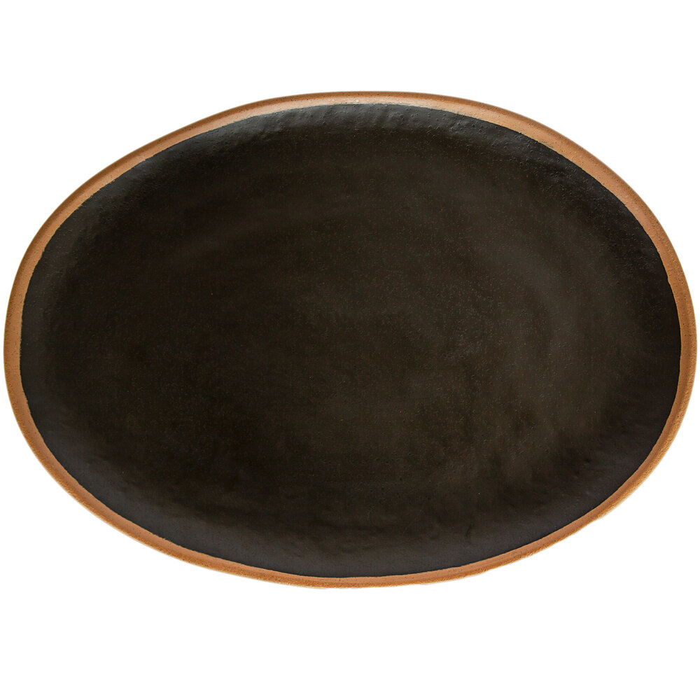 GET P-183-BR Pottery Market 18" x 13" Glazed Oval Brown Melamine Coupe Platter with Clay Trim - 3/Case
