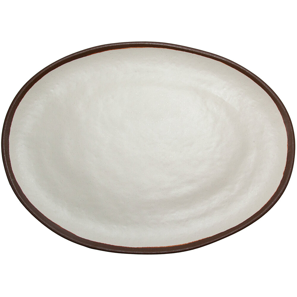 GET P-183-CRM Pottery Market 18" x 13" Glazed Oval Cream Melamine Coupe Platter with Brown Trim - 3/Case