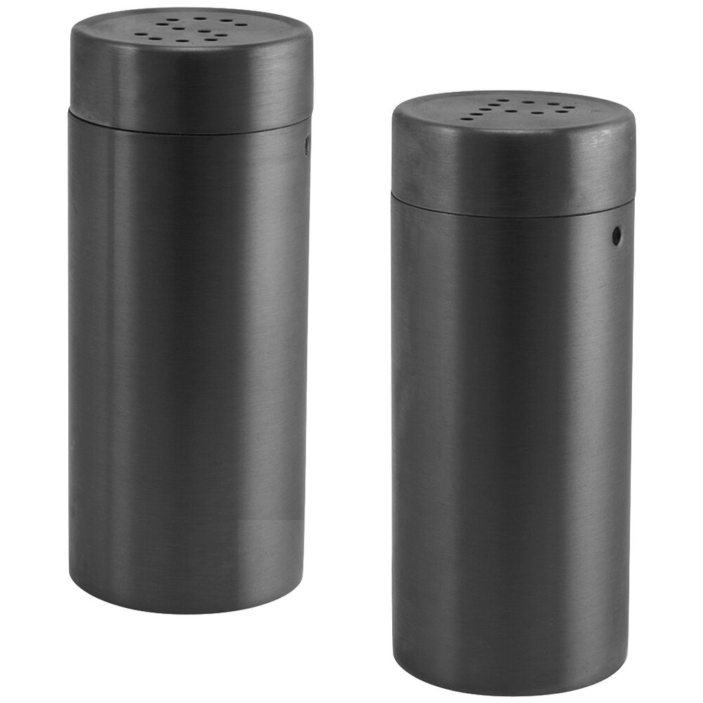 Front of the House TSP012BKS22 2.5 oz. Matte Black Brushed Stainless Steel Round Salt and Pepper Shaker Set - 6/Case