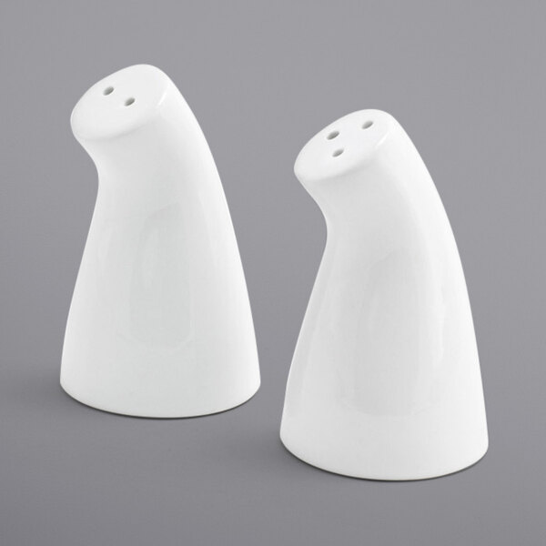 Front of the House TSP010WHP23 2 oz. White Porcelain Leaning Salt and Pepper Shaker Set - 12/Case