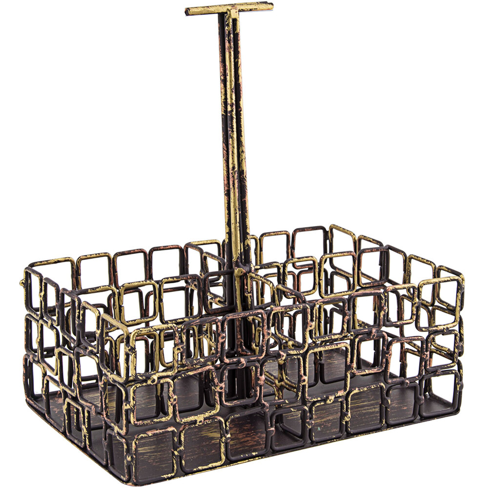 Front of the House TCS011GOI22 Coppered Link 4-Compartment Rectangular Hand-Painted Fused Iron Condiment Caddy with Card Holder