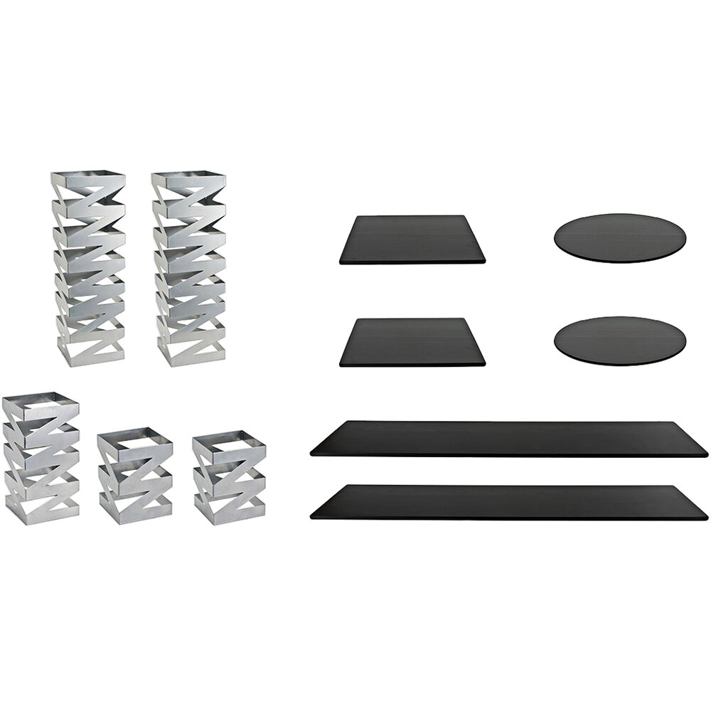 Front of the House BST017MUM28 Zig Zag 11-Piece Stainless Steel Rectangular Riser Set with Black Bamboo Buffet Boards