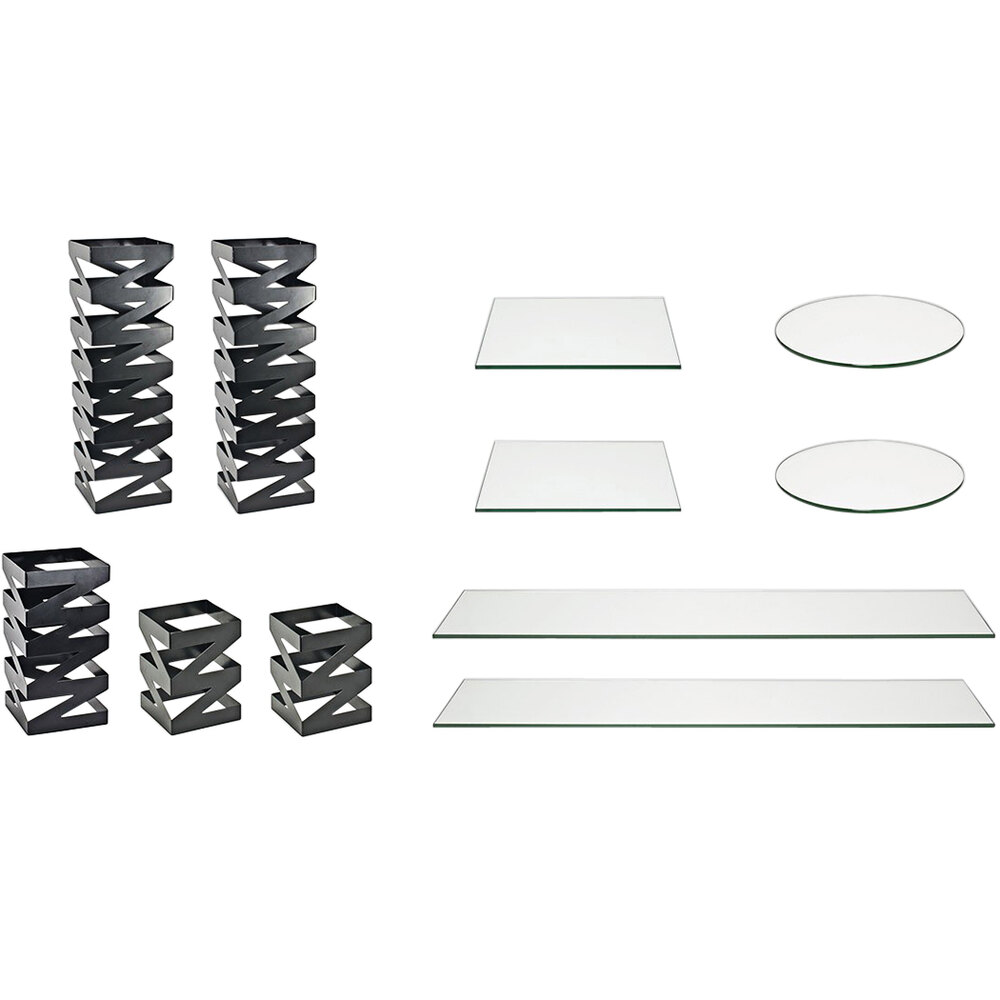 Front of the House BST019MUM28 Zig Zag 11-Piece Matte Black Stainless Steel Rectangular Riser Set with Clear Glass Buffet Boards