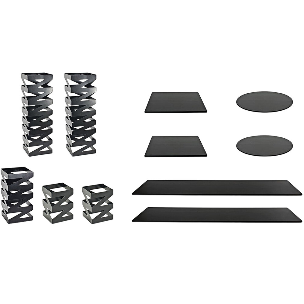 Front of the House BST020MUM28 Zig Zag 11-Piece Matte Black Stainless Steel Rectangular Riser Set with Black Bamboo Buffet Boards