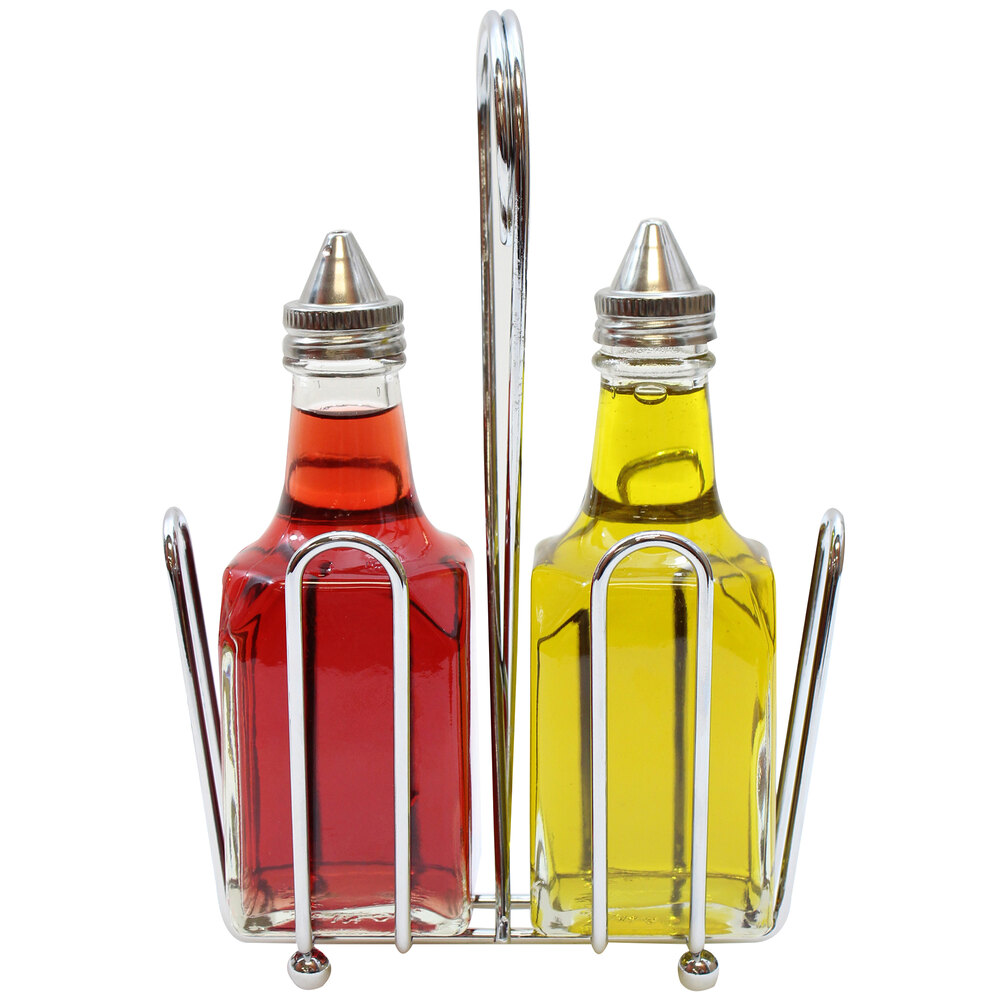 Tablecraft 600ST European Collection 6 oz. 3 Piece Clear Glass Oil and Vinegar Cruet Set with Chrome Rack