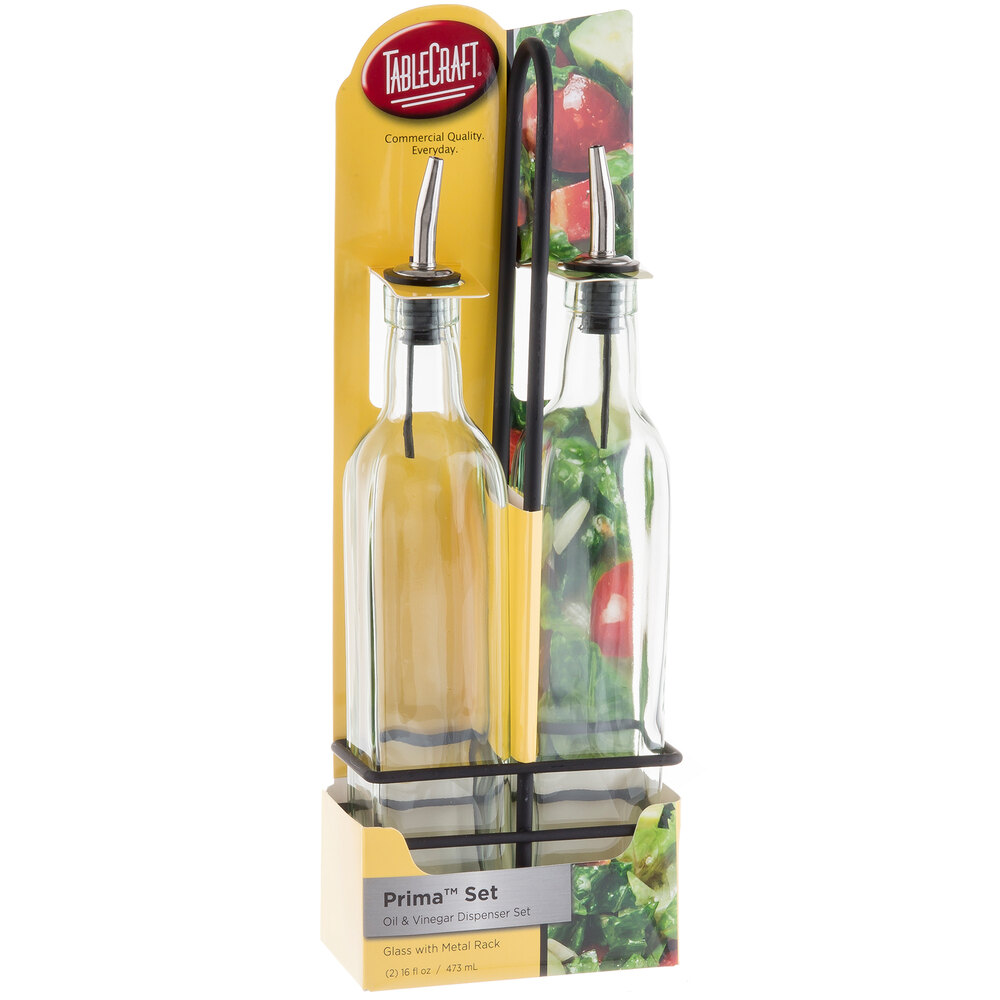 Tablecraft H916NBK Prima 16 oz. 3 Piece Green Tinted Glass Oil and Vinegar Cruet Set with Black Rack