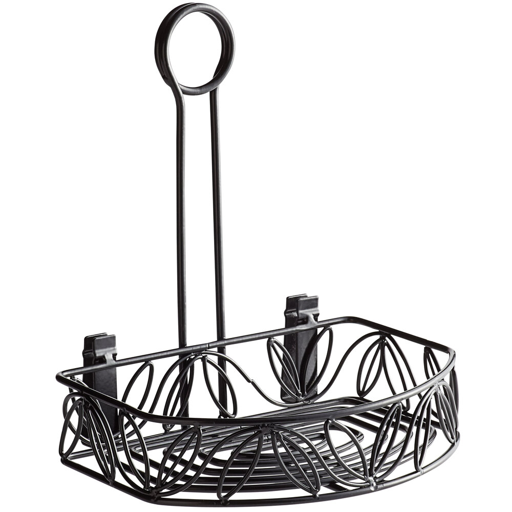 American Metalcraft CRL86 Black Semi-Round Wrought Iron Leaf Design Condiment Caddy - 8 1/4" x 6 1/4" x 9"