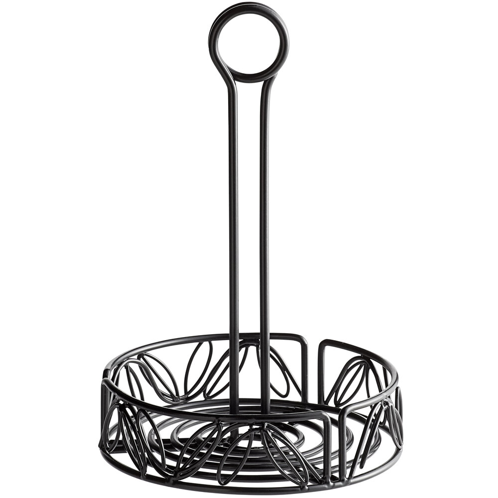 American Metalcraft LDCC16 Black Round Wrought Iron Leaf Design Condiment Caddy - 6 1/4" x 9"