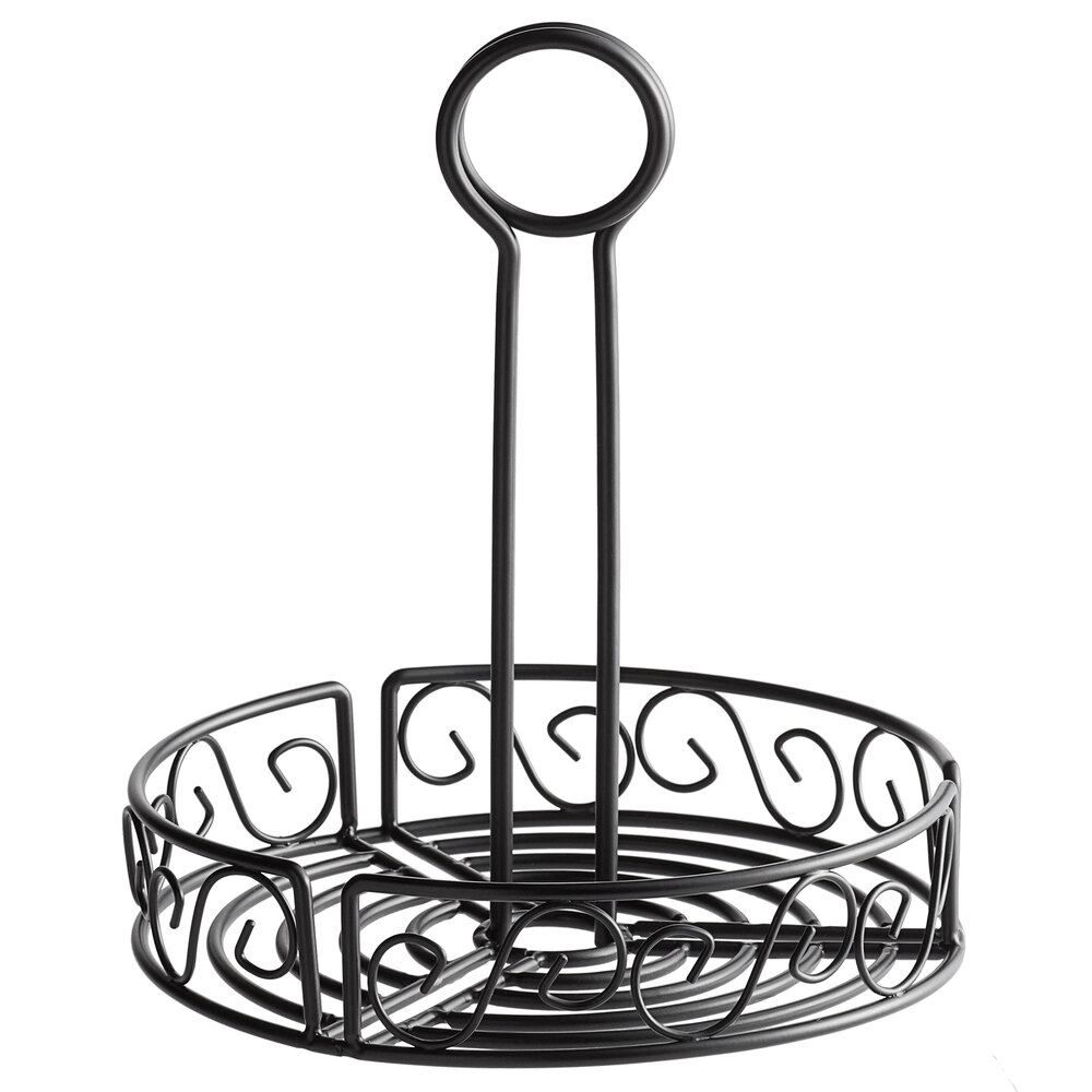 American Metalcraft WBCC7 Black Round Wrought Iron Scroll Design Condiment Caddy - 7 1/2" x 9"