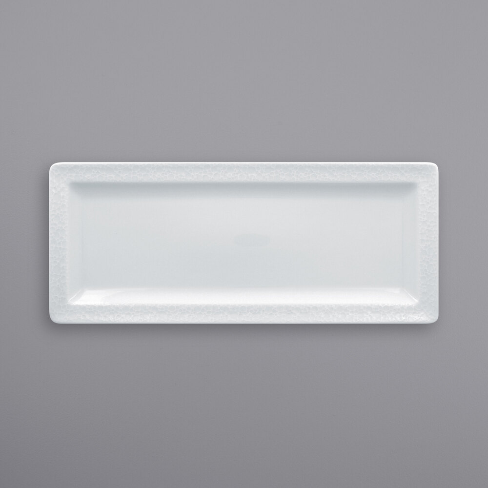 RAK Porcelain CHPCLRP29 Charm 11 7/16" x 4 3/4" Bright White Embossed Rectangular Flat Porcelain Plate - 12/Case