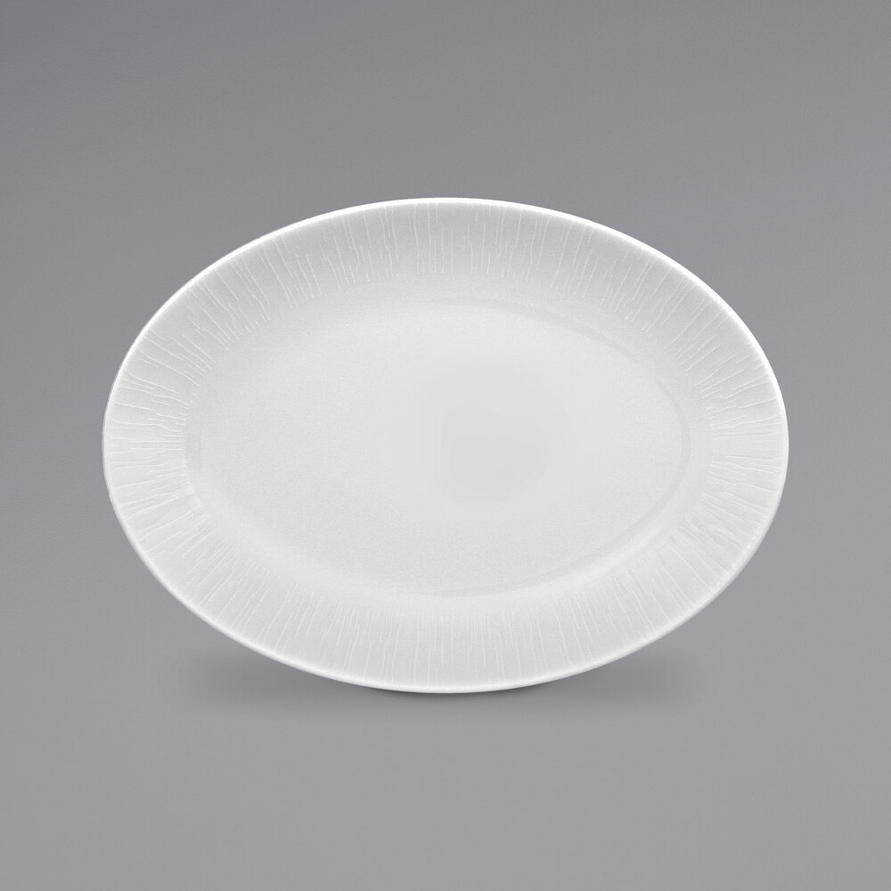 RAK Porcelain SOPONOP21 Soul 8 1/4" x 5 15/16" Bright White Embossed Oval Porcelain Coupe Platter - 12/Case