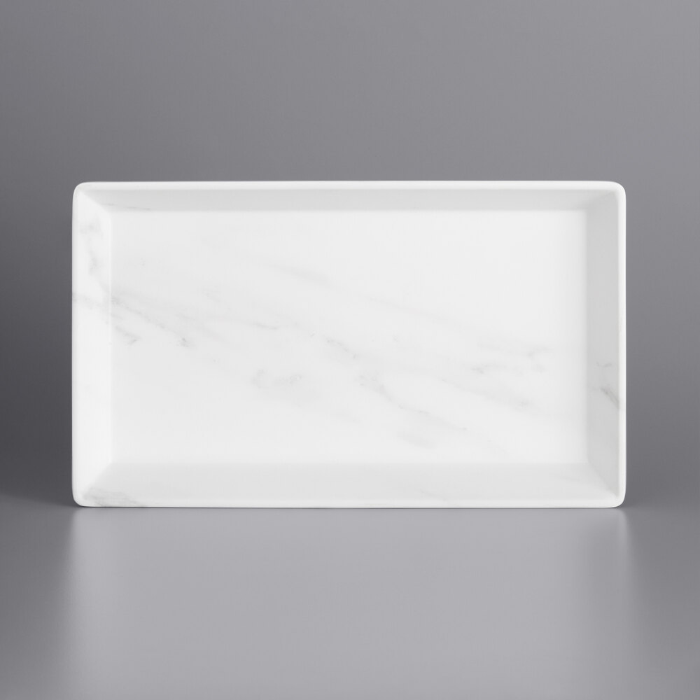 American Metalcraft MWMEL12 12" x 7" White Marble Rectangular Melamine Platter