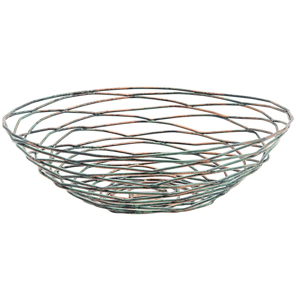 Front of the House BBK007PTI22 Patina 10" x 3" Hand-Painted Fused Iron Round Basket - 6/Case