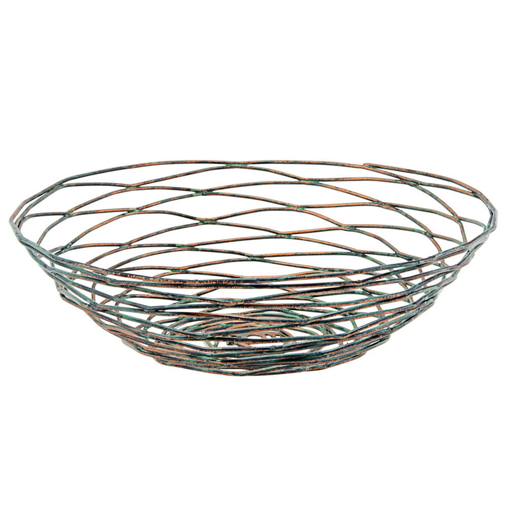 Front of the House BBK013PTI22 Patina 8" x 2 1/2" Hand-Painted Fused Iron Round Basket - 6/Case
