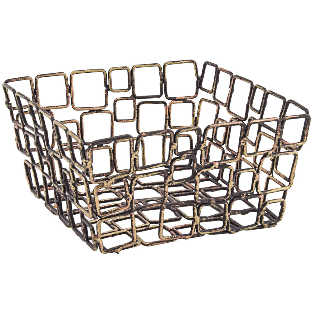 Front of the House BHO044GOI22 Coppered Link 6" x 6" x 3" Hand-Painted Fused Iron Square Basket - 6/Case