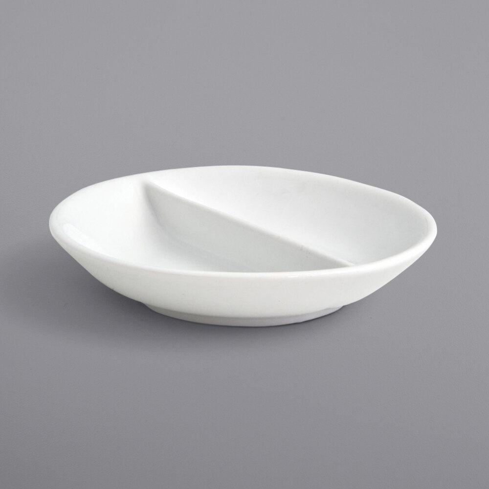 Front of the House DSD038WHP23 Monaco 2 oz. Bright White Round Divided Porcelain Ramekin / Dish - 12/Case