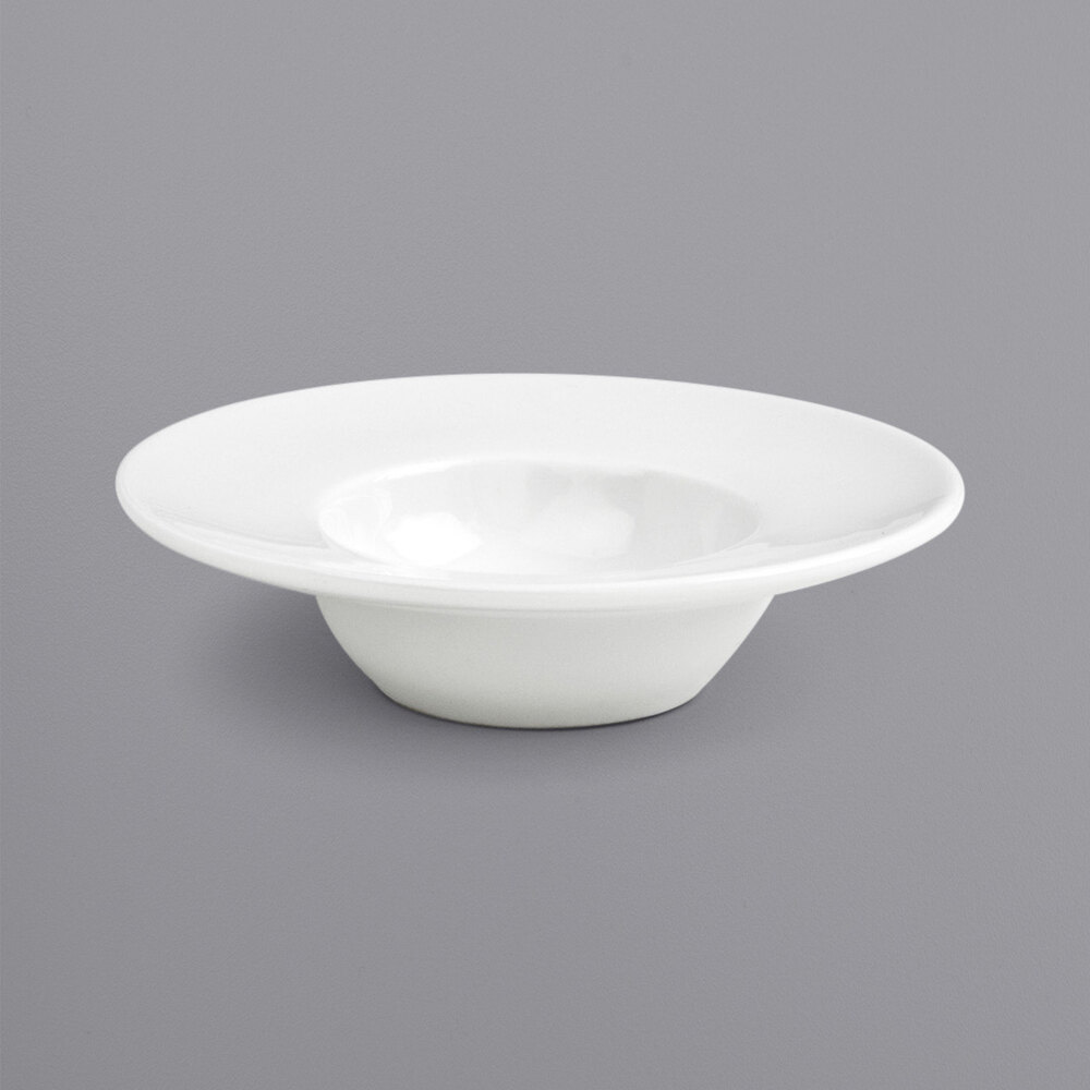 Front of the House DCS029WHP23 Monaco 4" Bright White Wide Rim Round Deep Porcelain Saucer / Dish - 12/Case