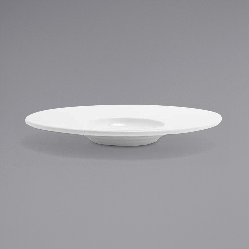 Front of the House DSP035WHP22 Monaco 9 1/4" Bright White Extra Wide Rim Round Deep Porcelain Plate - 6/Case