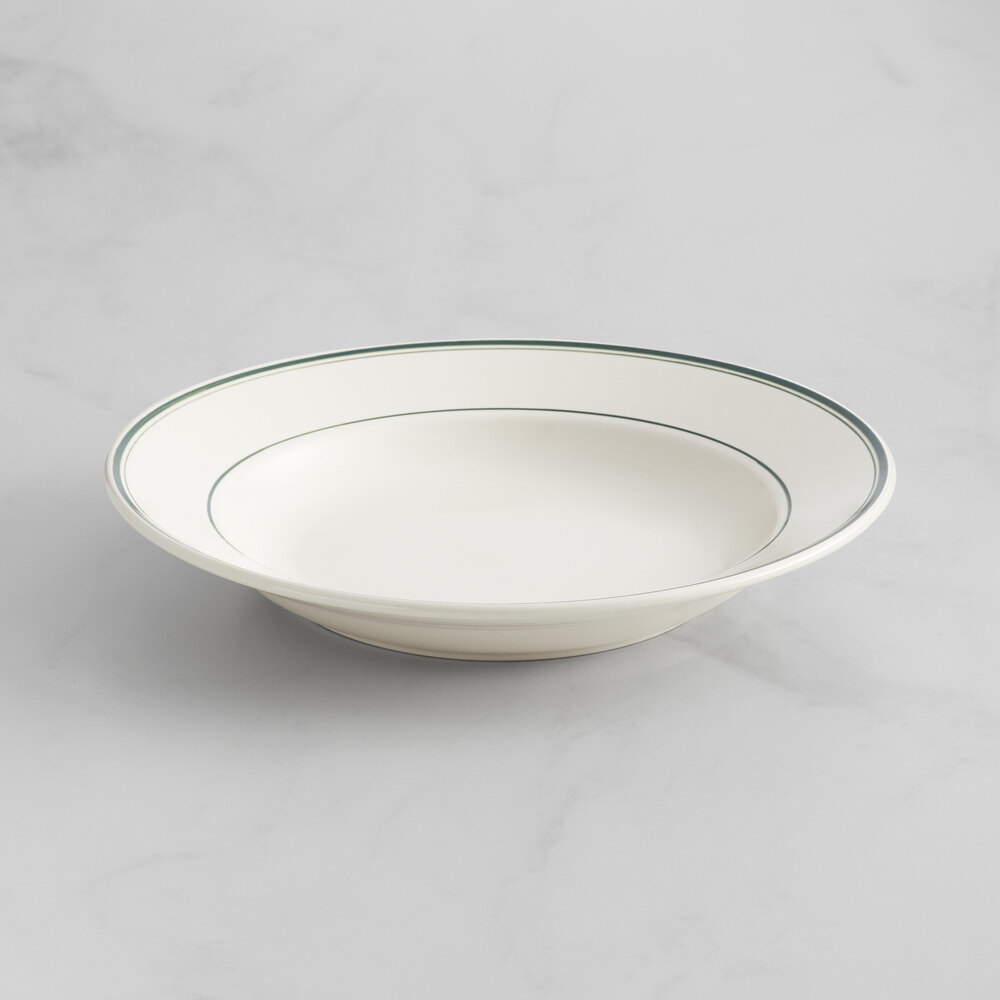 Acopa 26 oz. Ivory (American White) Wide Rim Stoneware Pasta Bowl with Green Bands - 12/Case