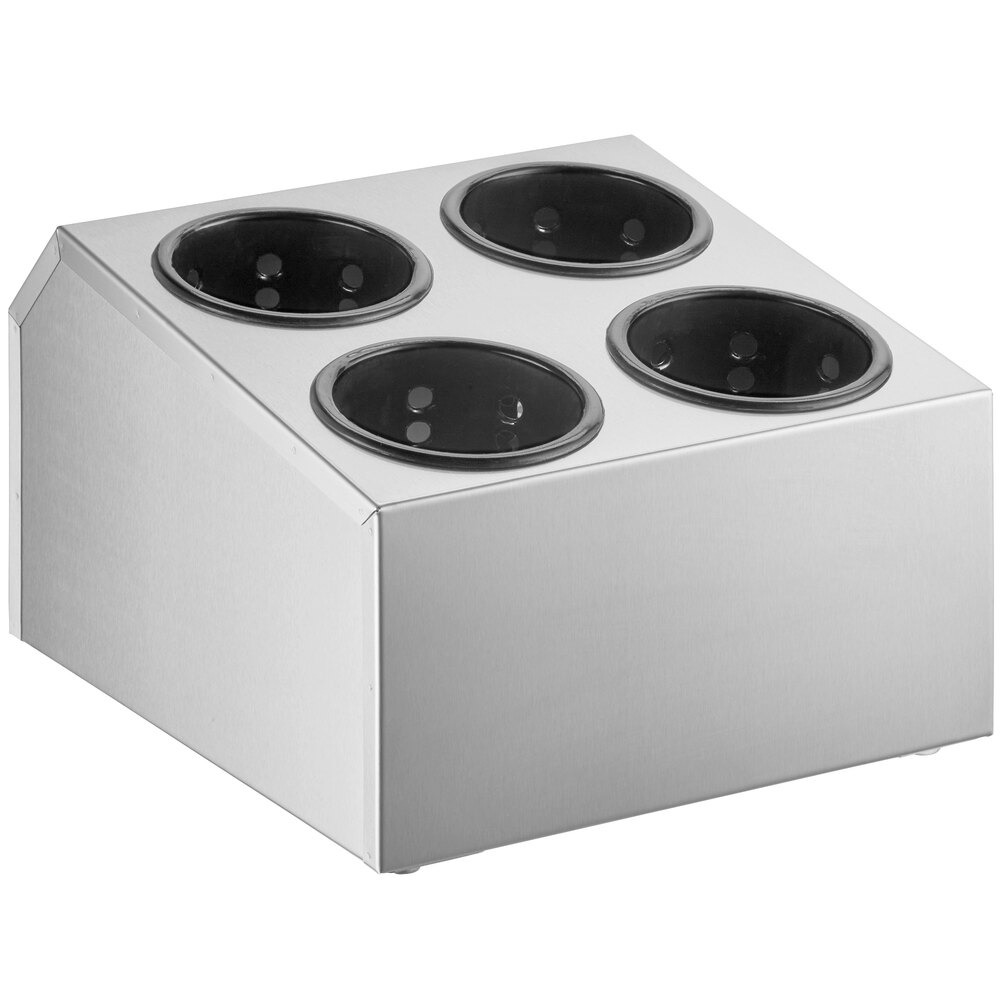 Choice Four Hole Square Stainless Steel Flatware Organizer with Black Perforated Plastic Cylinders