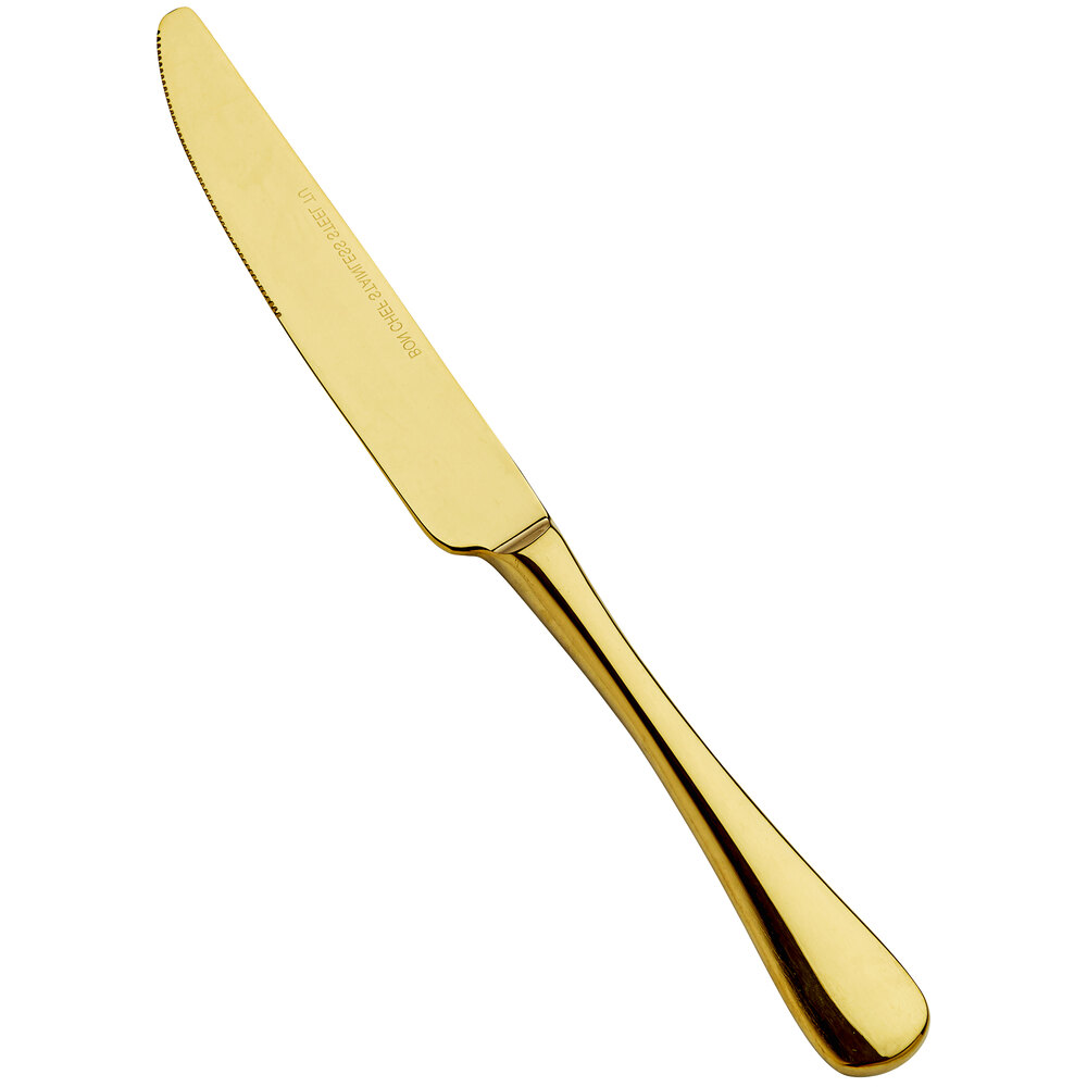Bon Chef S4011G Como 9 1/8" 13/0 Stainless Steel Extra Heavy Weight Gold Solid Handle Dinner Knife - 12/Case