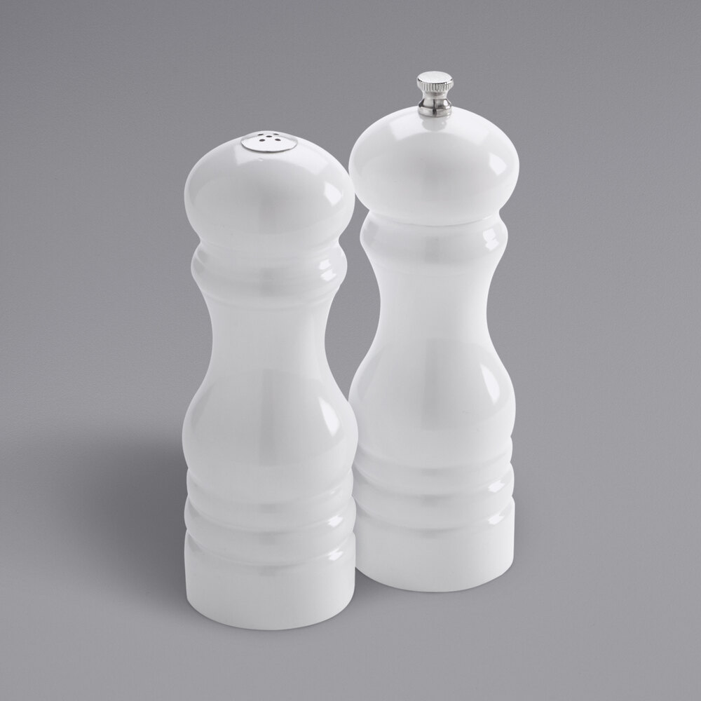 American Metalcraft PMSW62 6" White Wooden Salt Shaker and Pepper Mill Set
