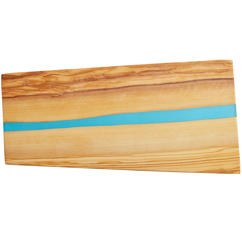 American Metalcraft OWP14 14" x 7" x 5/8" Rectangular Olive Wood Serving Board with Blue Polyresin Streak