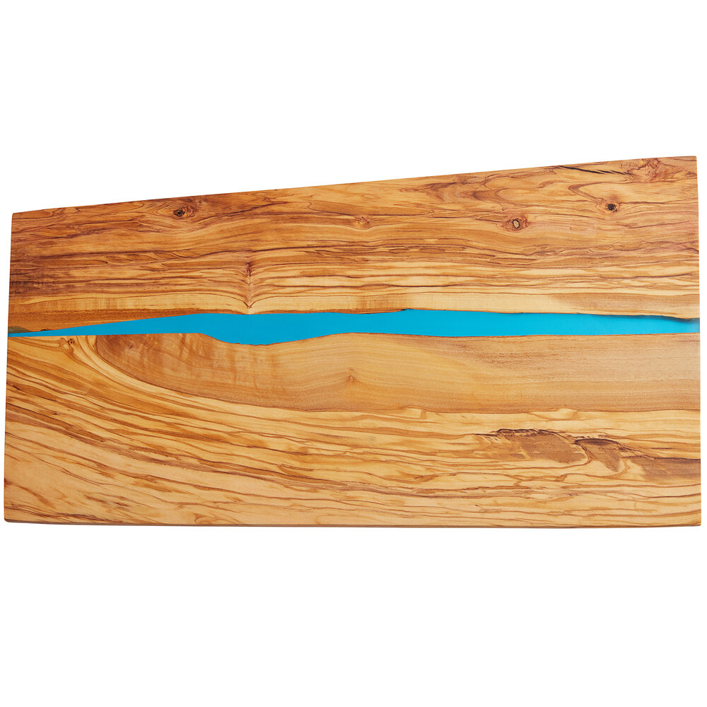 American Metalcraft OWP18 18" x 10" x 5/8" Rectangular Olive Wood Serving Board with Blue Polyresin Streak