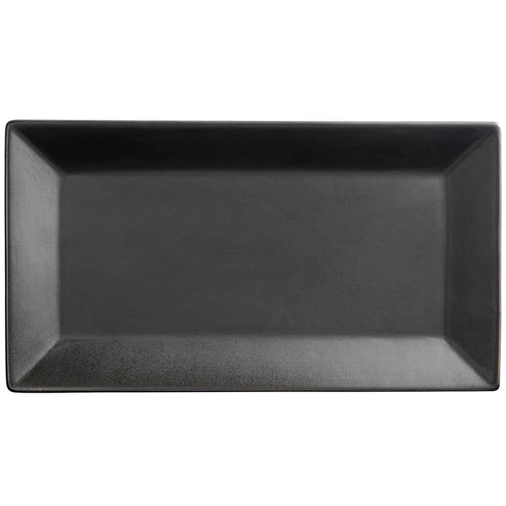 Acopa 13" x 7 1/4" Matte Black Rectangular Stoneware Platter - 12/Case